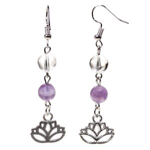 Oorbellen chevron amethist/bergkristal met lotus