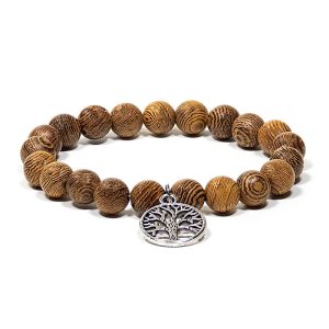 Wengéhout elastisch met levensboom Mala/armband